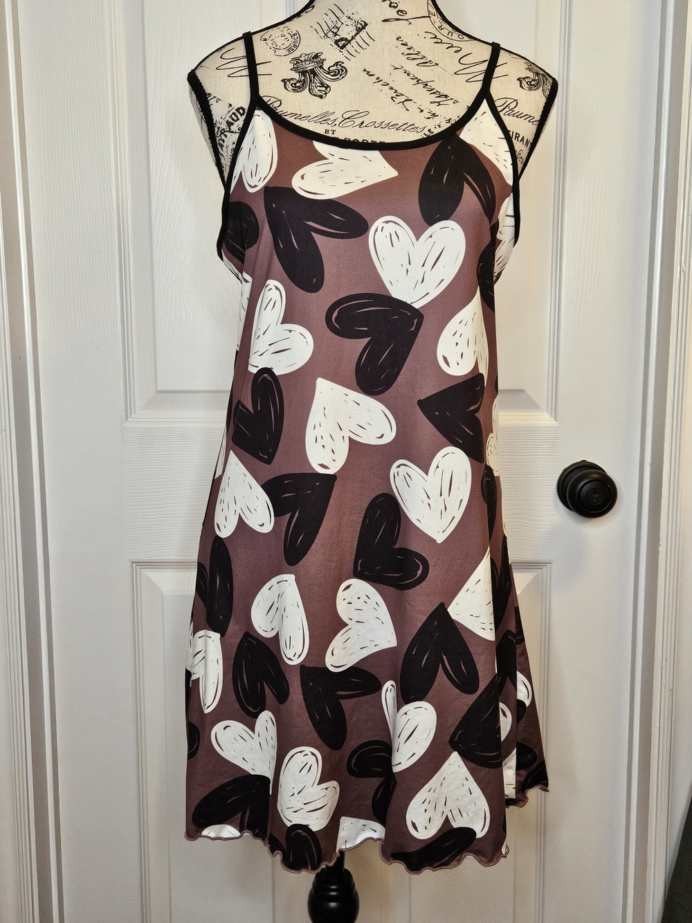 NWOT Brown Heart Print Chemise Nightgown Size M Spaghetti Strap Nightie